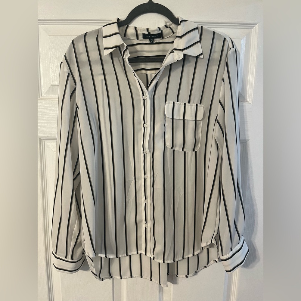 Classic Vertical Stripe Button-Up Blouse in White and Black
